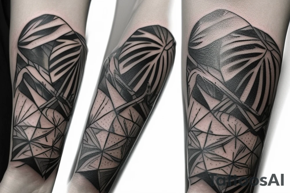 I want a tattoo on my forearm that will include a sea turtle, a glacier, tall palm trees and a plane. The tattoo should be in very fine lines with geometric elements and a splash of soft watercolor. It should also be a bit narrow, to fit on the arm. tattoo idea