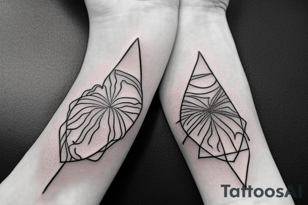 I want a tattoo on my forearm that will include a sea turtle, a glacier, tall palm trees and a plane. The tattoo should be in very fine lines with geometric elements and a splash of soft watercolor. It should also be a bit narrow, to fit on the arm. tattoo idea