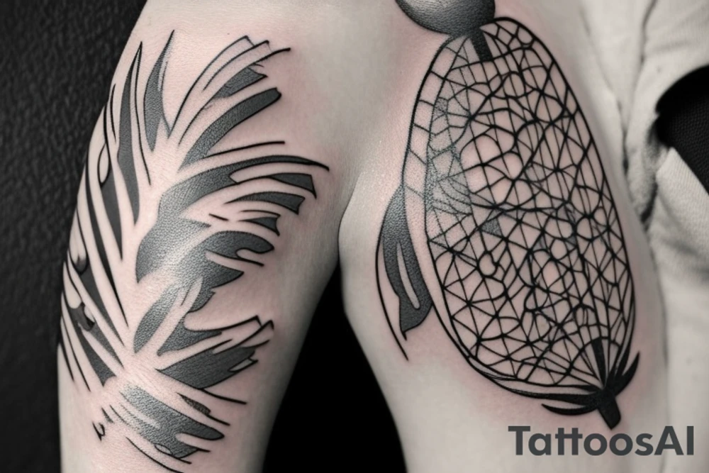 I want a tattoo on my forearm that will include a sea turtle, a glacier, tall palm trees and a plane. The tattoo should be in very fine lines with geometric elements and a splash of soft watercolor. It should also be a bit narrow, to fit on the arm. tattoo idea