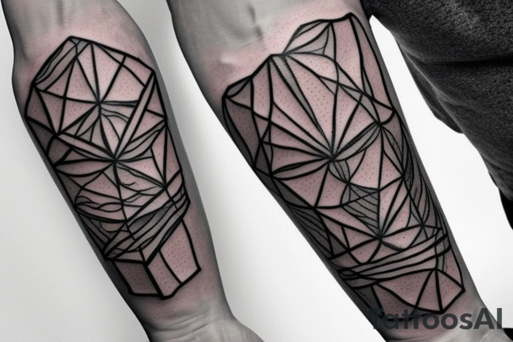 I want a tattoo on my forearm that will include a sea turtle, a glacier, tall palm trees, and a plane. The tattoo should be in very fine lines with geometric elements and a splash of soft watercolor. It should also be narrow, to fit on the arm. tattoo idea