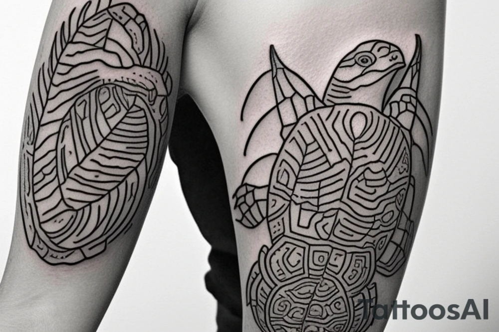 I want a tattoo on my forearm that will include a sea turtle, a glacier, tall palm trees, and a plane. The tattoo should be in very fine lines with geometric elements and a splash of soft watercolor. It should also be narrow, to fit on the arm. tattoo idea