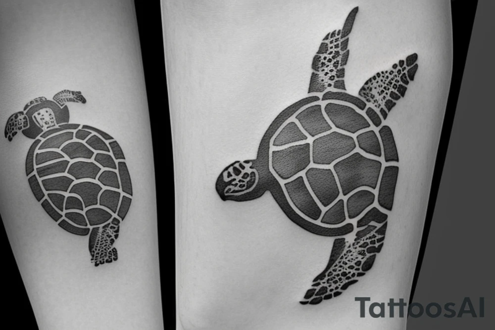 I want a tattoo on my forearm that will include a sea turtle, a glacier, tall palm trees, and a plane. The tattoo should be in very fine lines with geometric elements and a splash of soft watercolor. It should also be narrow, to fit on the arm. tattoo idea