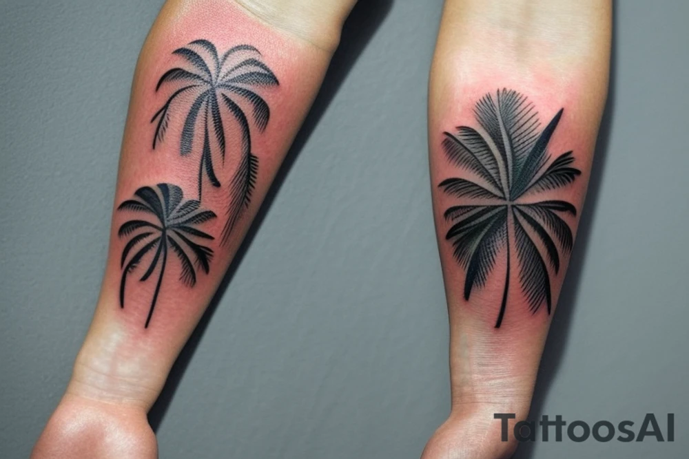 I want a tattoo on my forearm that will include a sea turtle, a glacier, tall palm trees, and a plane. The tattoo should be in very fine lines with geometric elements and a splash of soft watercolor. It should also be narrow, to fit on the arm. tattoo idea