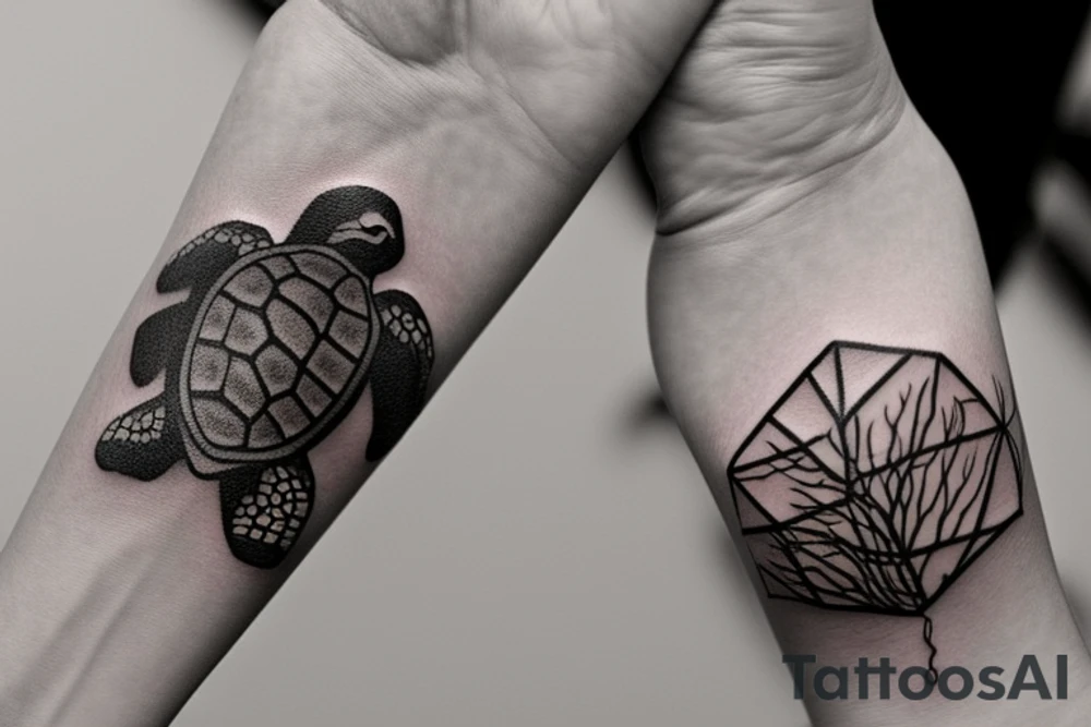 I want a tattoo on my forearm that will include a sea turtle, a glacier, tall palm trees, and a plane. The tattoo should be in very fine lines with geometric elements and a splash of soft watercolor. It should also be narrow, to fit on the arm. tattoo idea