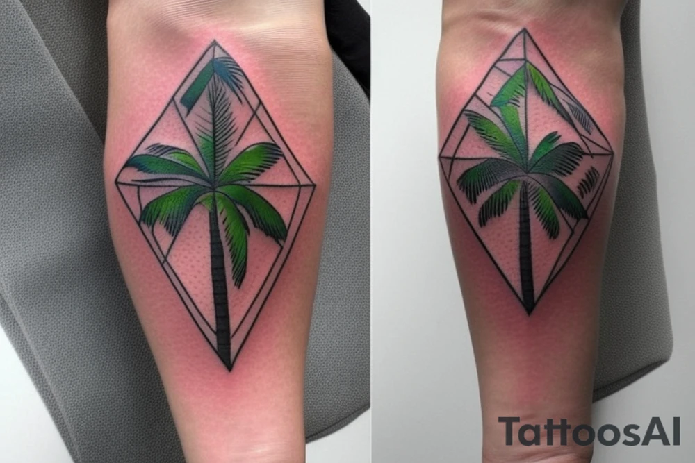 I want a tattoo on my forearm that will include a sea turtle, a glacier, tall palm trees, and a plane. The tattoo should be in very fine lines with geometric elements and a splash of soft watercolor. It should also be narrow, to fit on the arm. tattoo idea