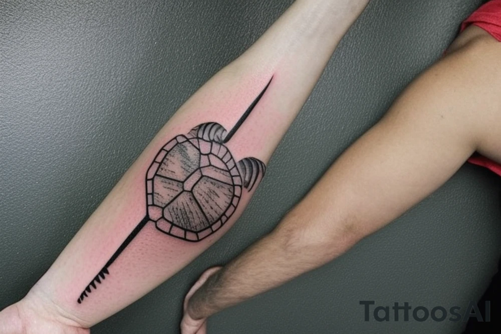 I want a tattoo on my forearm that will include a sea turtle, a glacier, tall palm trees, and a plane. The tattoo should be in very fine lines with geometric elements and a splash of soft watercolor. It should also be narrow, to fit on the arm. It needs to include all the elements plus a few lines and geometric shapes. tattoo idea