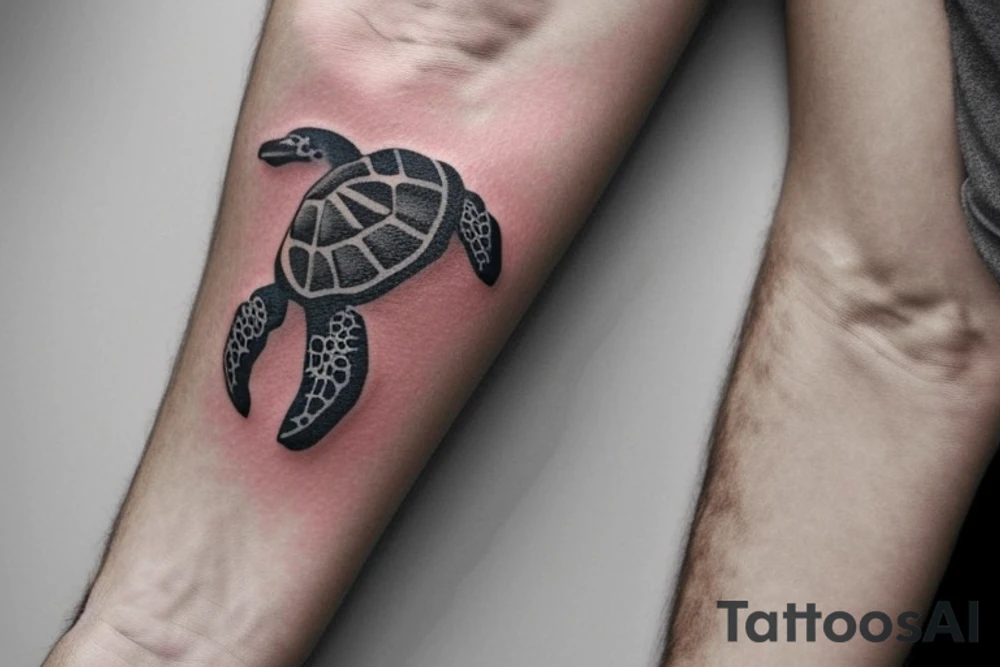I want a tattoo on my forearm that will include a sea turtle, a glacier, tall palm trees, and a plane. The tattoo should be in very fine lines with geometric elements and a splash of soft watercolor. It should also be narrow, to fit on the arm. It needs to include all the elements plus a few lines and geometric shapes. tattoo idea