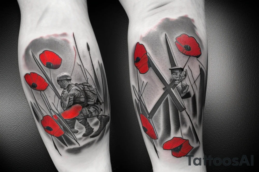 Soldier kneeling over a memorial cross while a Apache flys overhead outlined by red poppies tattoo idea