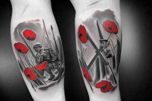 Soldier kneeling over a memorial cross while a Apache flys overhead outlined by red poppies tattoo idea