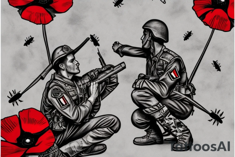 Soldier kneeling over a memorial cross while a Apache flys overhead outlined by red poppies tattoo idea