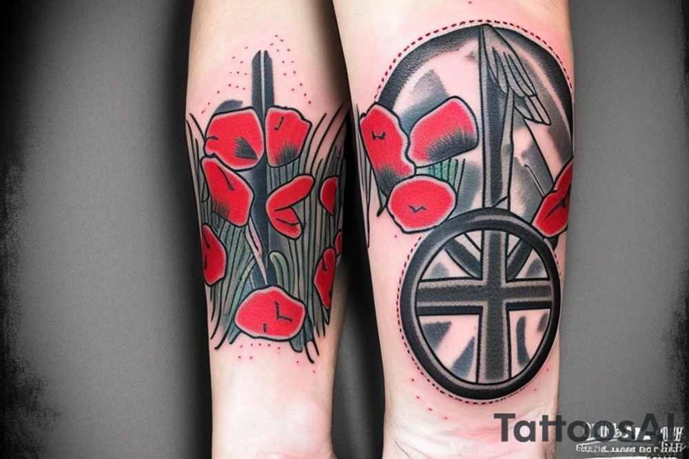 Soldier kneeling over a memorial cross while an Apache flys overhead outlined by red poppies tattoo idea