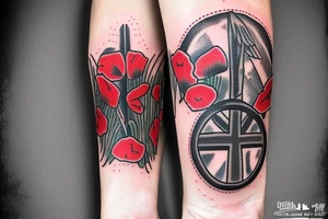 Soldier kneeling over a memorial cross while an Apache flys overhead outlined by red poppies tattoo idea
