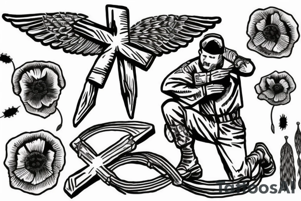 Soldier kneeling over a memorial cross while an Apache flys overhead outlined by red poppies tattoo idea