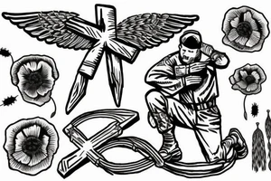 Soldier kneeling over a memorial cross while an Apache flys overhead outlined by red poppies tattoo idea