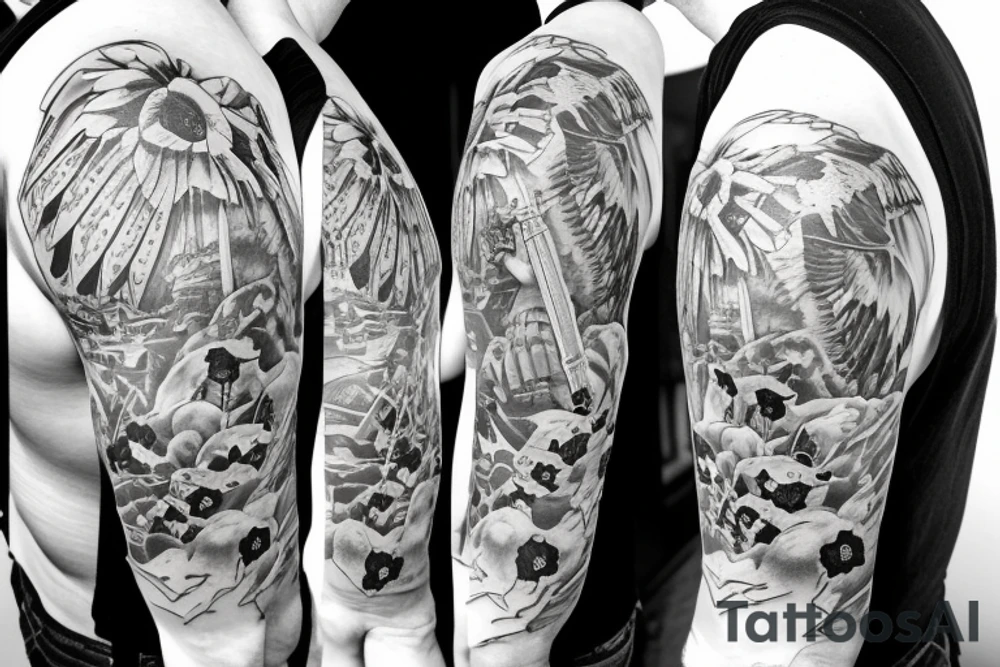 Soldier kneeling over a memorial cross while an Apache flys overhead outlined by red poppies tattoo idea Soldier kneeling over a memorial cross while an Apache flys overhead outlined by red poppies tattoo idea