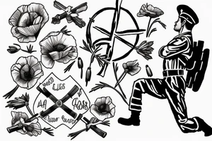 Soldier kneeling over a memorial cross while an Apache flys overhead outlined by red poppies tattoo idea