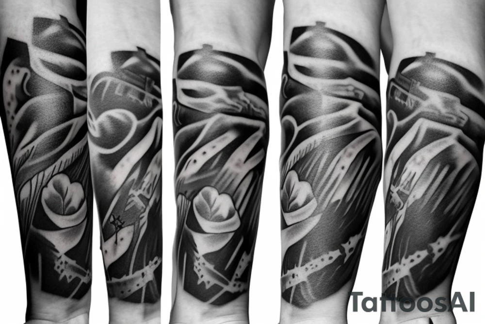 Forearm sleeve with Fallen Soldier Battlefield Cross, red poppies and an apache helicopter tattoo idea