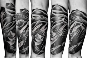 Forearm sleeve with Fallen Soldier Battlefield Cross, red poppies and an apache helicopter tattoo idea