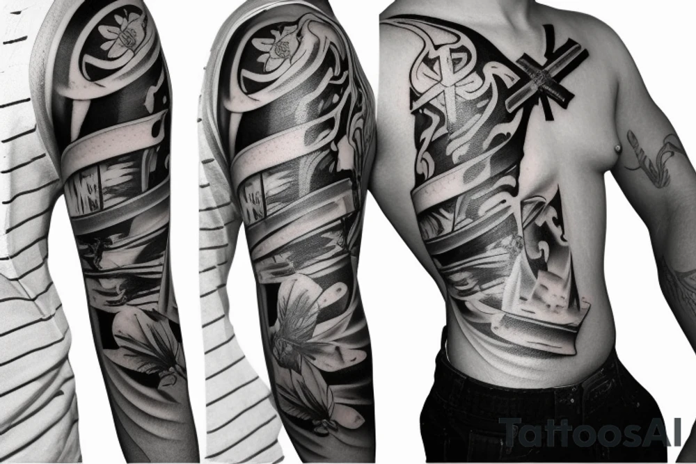 Forearm sleeve with Fallen Soldier Battlefield Cross, red poppies, and an Apache helicopter tattoo idea