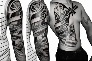 Forearm sleeve with Fallen Soldier Battlefield Cross, red poppies, and an Apache helicopter tattoo idea