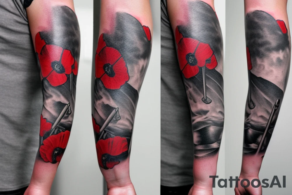 Forearm sleeve with Fallen Soldier Battlefield Cross, red poppies, and an Apache helicopter tattoo idea