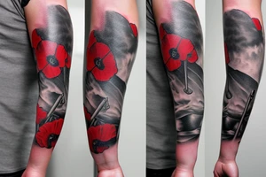 Forearm sleeve with Fallen Soldier Battlefield Cross, red poppies, and an Apache helicopter tattoo idea