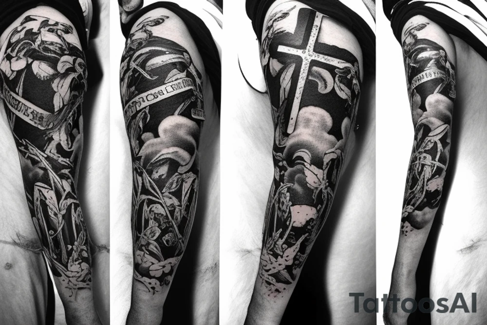 Forearm sleeve with Fallen Soldier Battlefield Cross, red poppies tattoo idea