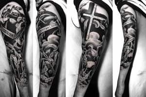 Forearm sleeve with Fallen Soldier Battlefield Cross, red poppies tattoo idea