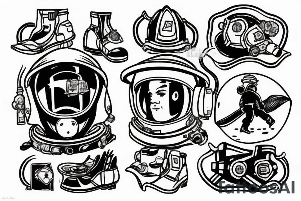 Firefighter walking in the reflection of of spaceman helmet tattoo idea