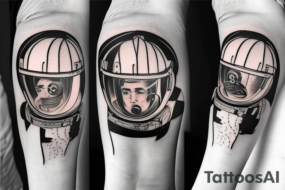 Firefighter walking in the reflection of of spaceman helmet tattoo idea