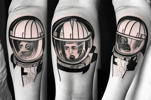 Firefighter walking in the reflection of of spaceman helmet tattoo idea