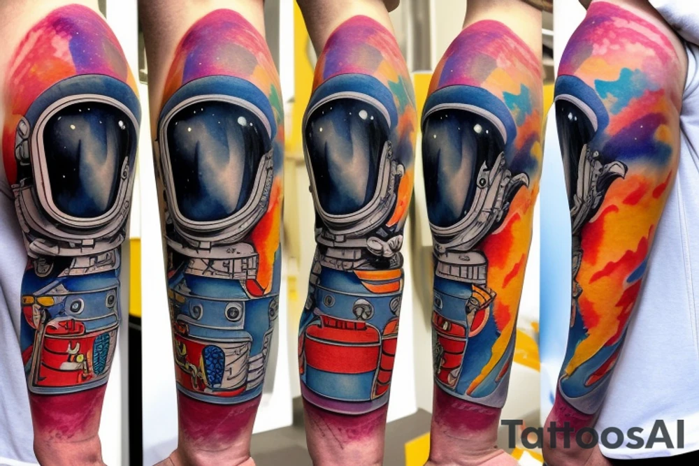 Firefighter in the reflection of of spaceman helmet tattoo idea