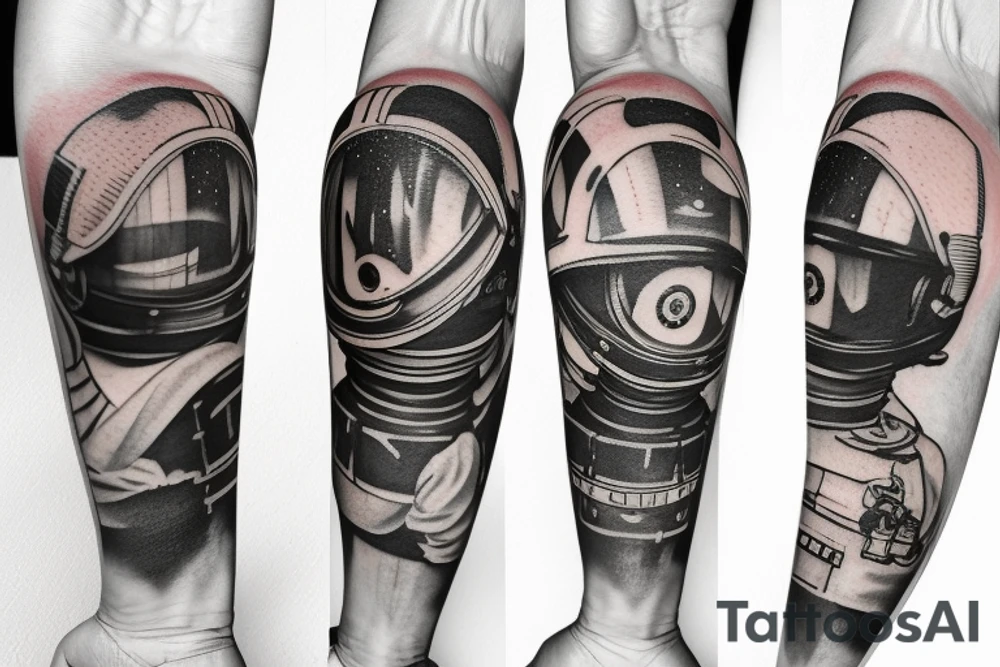 Firefighter in the reflection of of spaceman helmet tattoo idea