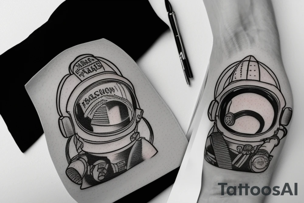 Firefighter's mask in the reflection of of spaceman helmet tattoo idea