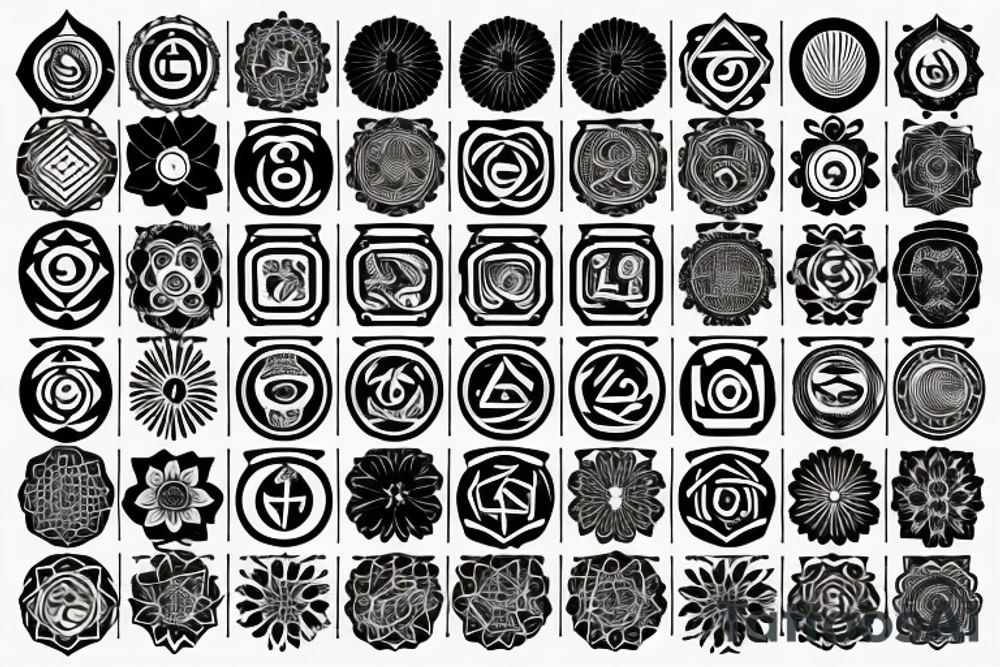 chakras aligned in a single thin line in a minimalist style tattoo idea