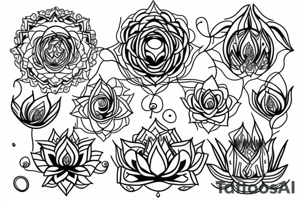 chakras aligned in a single thin line surrounded by lilies in a minimalist style tattoo idea