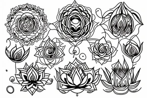 chakras aligned in a single thin line surrounded by lilies in a minimalist style tattoo idea