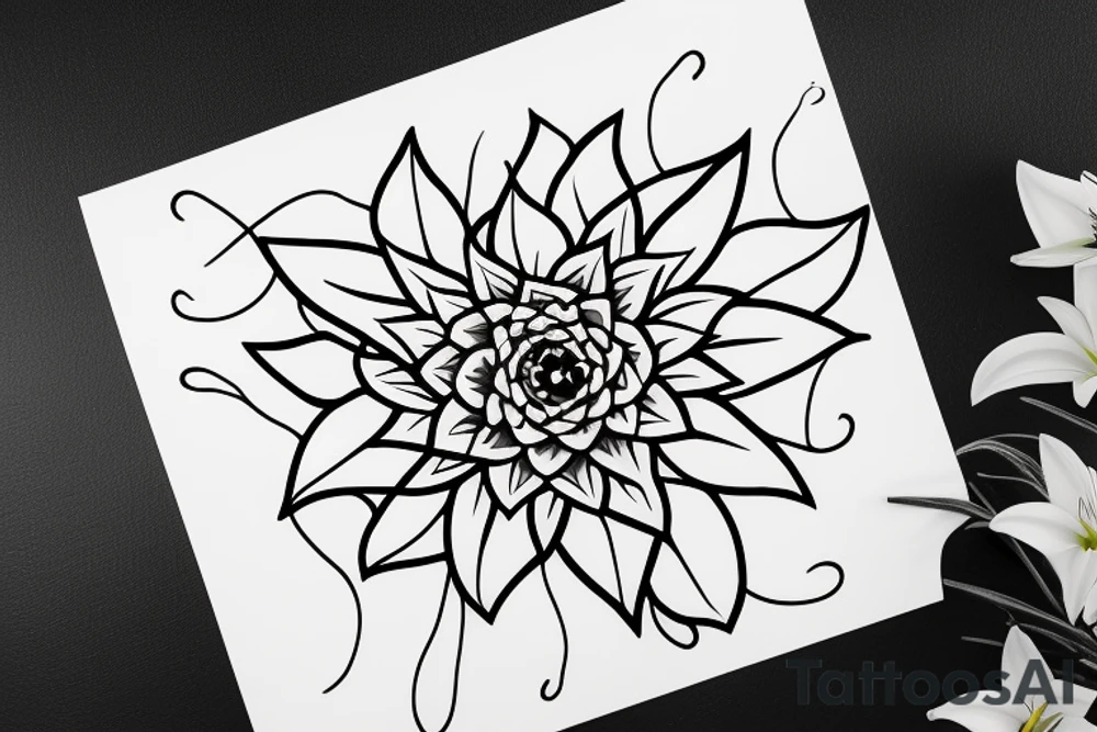 chakras aligned in a single thin line surrounded by lilies in a very minimalist style tattoo idea