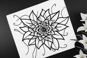 chakras aligned in a single thin line surrounded by lilies in a very minimalist style tattoo idea