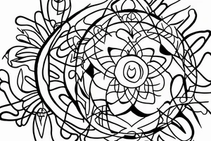 chakras aligned in a single thin line surrounded by lilies in a very minimalist style tattoo idea