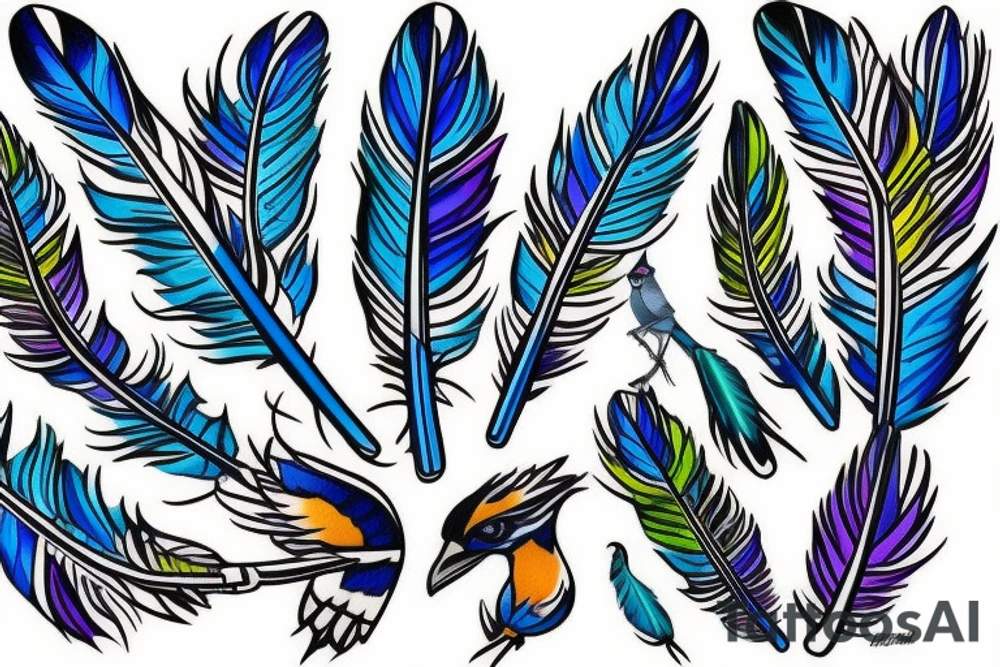 A bouquet of blue jay feathers tattoo idea
