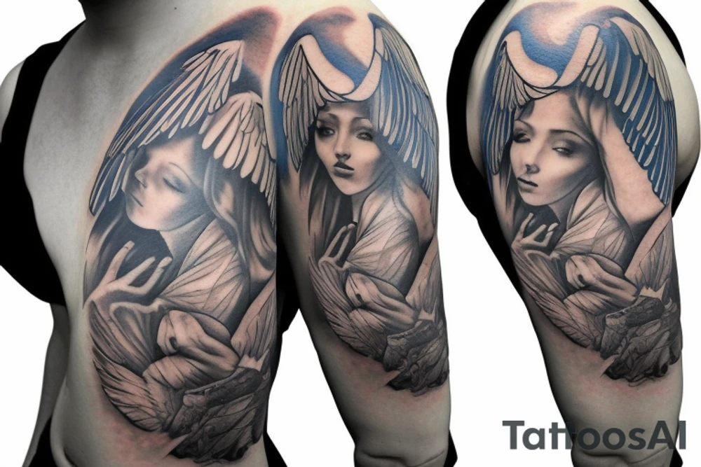 An angel with blue wings tattoo idea