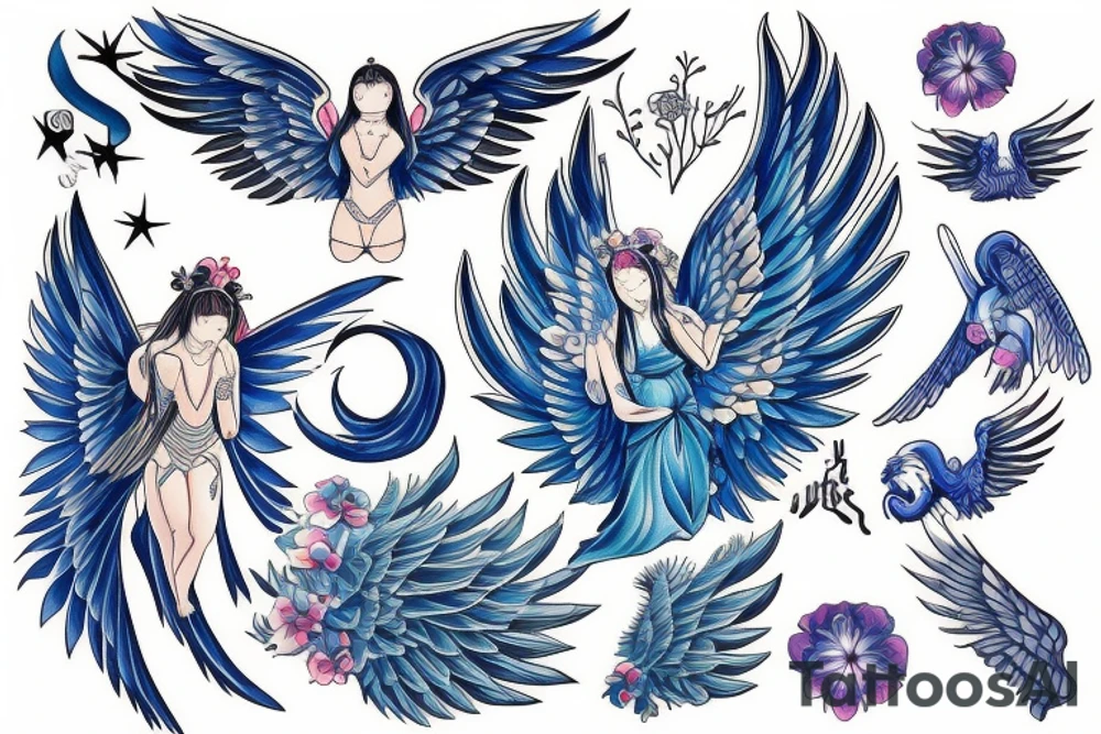 An angel with blue wings tattoo idea