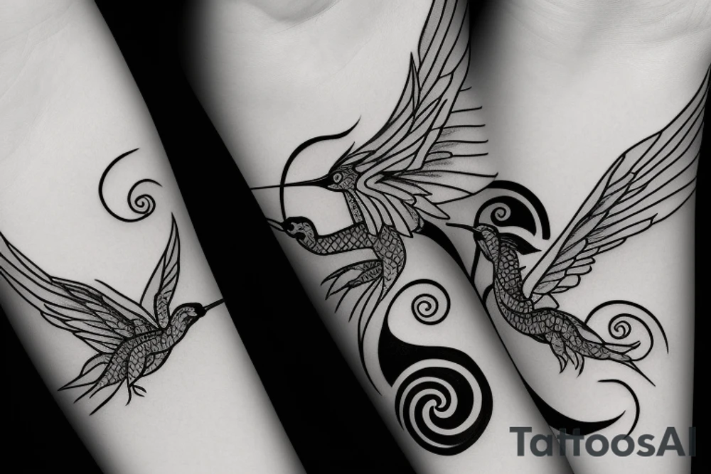 minimal yin yang tattoo with a hummingbird and a dragon tattoo idea
