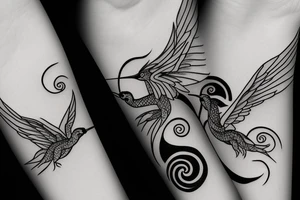 minimal yin yang tattoo with a hummingbird and a dragon tattoo idea