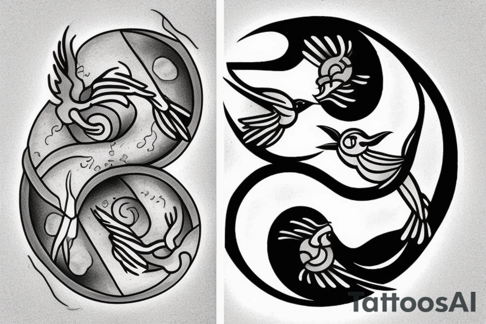 minimal yin yang tattoo with a hummingbird and a dragon tattoo idea