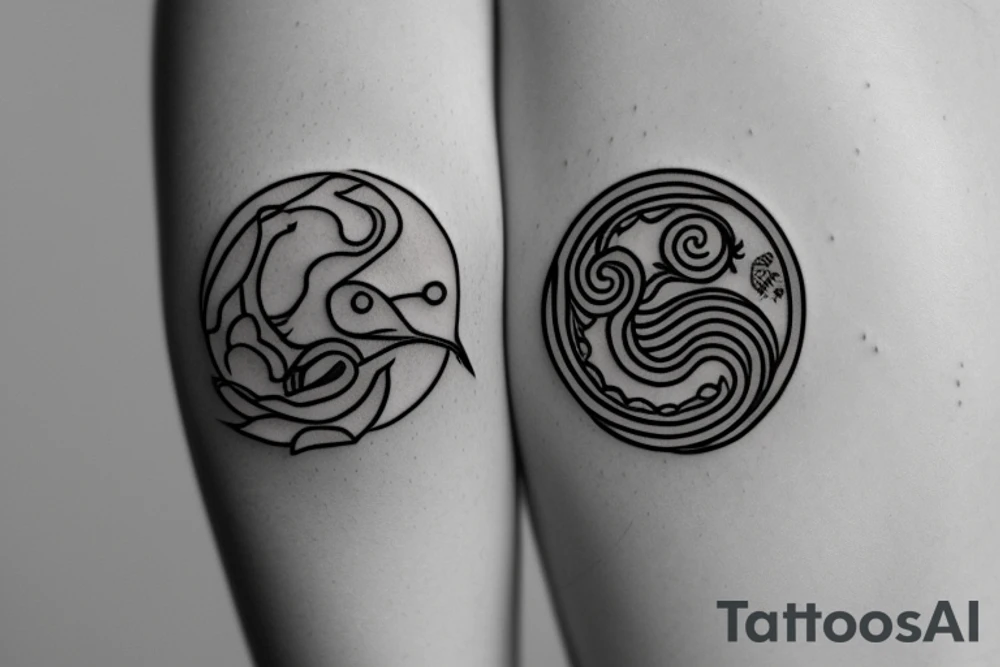 simple minimal fine line yin yang tattoo with a hummingbird and a dragon tattoo idea