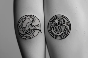 simple minimal fine line yin yang tattoo with a hummingbird and a dragon tattoo idea