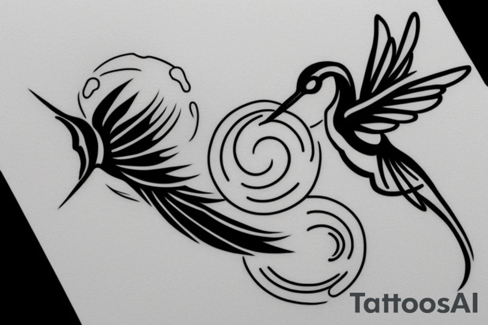 simple minimal fine line yin yang tattoo with a hummingbird and a dragon tattoo idea