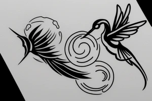 simple minimal fine line yin yang tattoo with a hummingbird and a dragon tattoo idea
